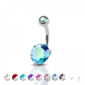DOUBLE GEM PRONG SET ROUND CZ 316L SURGICAL STEEL NON DANGLE BELLY RING