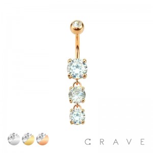 PRONG SET TRIPLE GEM CASCADE DANGLE CZ 316L SURGICAL STEEL NAVEL RING
