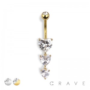 PRONG SET 3 (THREE) CZ GEM HEART CASCADE DANGLE CZ 316L SURGICAL STEEL NAVEL RING