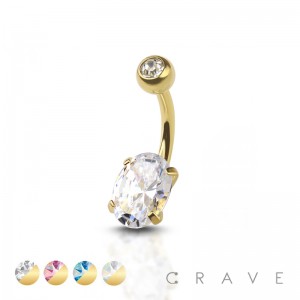 GOLD PLATED SINGLE OVAL GEM PRONG SET WITH BALL CZ 316L SURGICAL STEEL NON DANGLE BELLY RING
