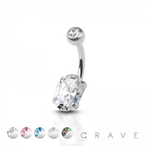 SINGLE OVAL GEM PRONG SET WITH BALL CZ 316L SURGICAL STEEL NON DANGLE BELLY RING