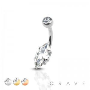 MARQUISE CRYSTAL PRONG SET WITH BALL 316L SURGICAL STEEL NON DANGLE BELLY BUTTON NAVEL RING