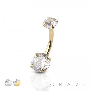 DOUBLE PRONG SET ROUND CZ 316L SURGICAL STEEL NON DANGLE BELLY RING