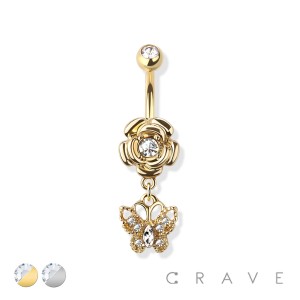 ROSE BUTTERFLY DANGLE CZ DANGLE 316L SURGICAL STEEL NAVEL RING