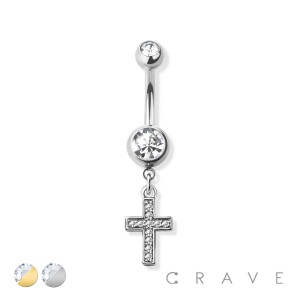 GEM PAVED CROSS DANGLE 316L SURGICAL STEEL NAVEL RING