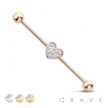 316L SURGICAL STEEL PAVED HEART CENTER INDUSTRIAL BARBELL
