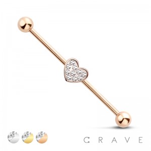 316L SURGICAL STEEL PAVED HEART CENTER INDUSTRIAL BARBELL