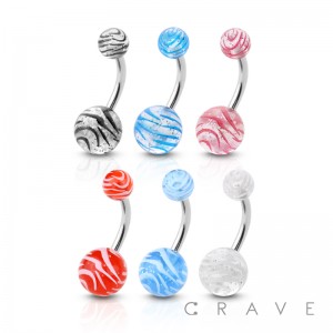 GLITTERED ZEBRA PRINTED ACRYLIC BALL 316L SURGICAL STEEL BELLY NAVEL RING