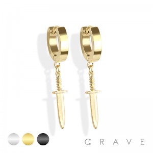 PAIR OF 316L STAINLESS STEEL HUGGIE/HOOP EARRINGS WITH BRASS DAGGER PENDANT