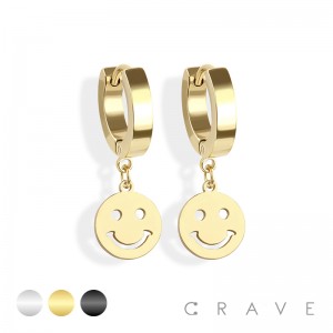 PAIR OF 316L STAINLESS STEEL HUGGIE/HOOP EARRINGS WITH SMILE DANGLE