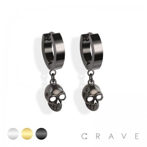 PAIR OF 316L STAINLESS STEEL HUGGIE/HOOP EARRINGS WITH SKULL PENDANT