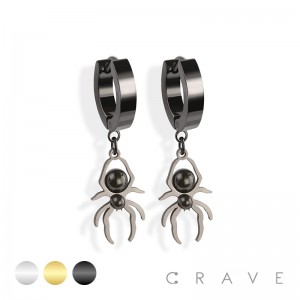 PAIR OF 316L STAINLESS STEEL HUGGIE/HOOP EARRINGS WITH SPIDER PENDANT