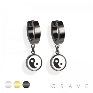 PAIR OF 316L STAINLESS STEEL HUGGIE/HOOP EARRINGS WITH YING YANG SYMBOL  ENAMEL PENDANT