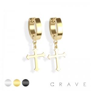PAIR OF 316L STAINLESS STEEL HUGGIE/HOOP EARRINGS WITH POINTY CROSS PENDANT