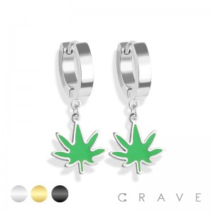 PAIR OF 316L STAINLESS STEEL HUGGIE/HOOP EARRINGS WITH MARIJUANA PENDANT