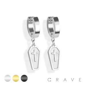 PAIR OF 316L STAINLESS STEEL HUGGIE/HOOP EARRINGS WITH COFFIN PENDANT