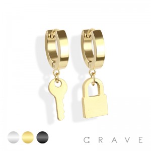 PAIR OF 316L STAINLESS STEEL HUGGIE/HOOP EARRINGS WITH KEY-LOCK PENDANT