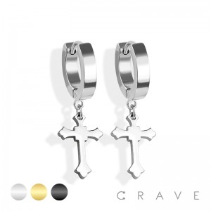 PAIR OF 316L STAINLESS STEEL HUGGIE/HOOP EARRINGS WITH CROSS DANGLE