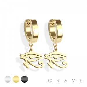 PAIR OF 316L STAINLESS STEEL HUGGIE/HOOP EARRINGS WITH EGYPTIAN EYE DANGLE