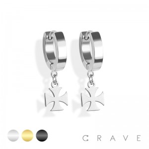PAIR OF 316L STAINLESS STEEL HUGGIE/HOOP EARRINGS WITH IRON CROSS DANGLE