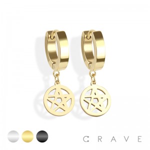 PAIR OF 316L STAINLESS STEEL HUGGIE/HOOP EARRINGS WITH STAR DANGLE