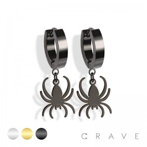 PAIR OF 316L STAINLESS STEEL HUGGIE/HOOP EARRINGS WITH SPIDER DANGLE