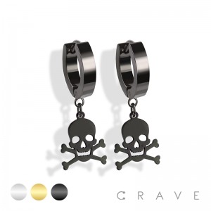 PAIR OF 316L STAINLESS STEEL HUGGIE/HOOP EARRINGS WITH SKULL DANGLE