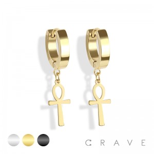 PAIR OF 316L STAINLESS STEEL HUGGIE/HOOP EARRINGS WITH ANKH CROSS DANGLE