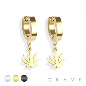 PAIR OF 316L STAINLESS STEEL HUGGIE/HOOP EARRINGS WITH MARIJUANA PENDANT