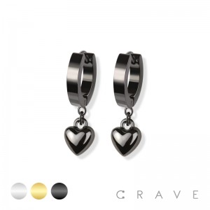 PAIR OF 316L STAINLESS STEEL HUGGIE/HOOP EARRINGS WITH  HEART DANGLE