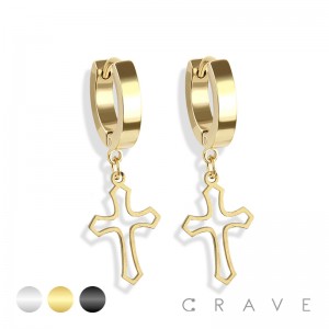 PAIR OF 316L STAINLESS STEEL HUGGIE/HOOP EARRINGS WITH  CROSS DANGLE
