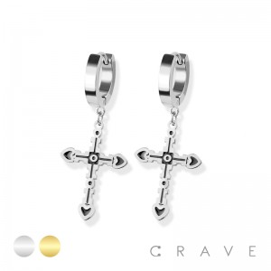 PAIR OF 316L STAINLESS STEEL HUGGIE/HOOP EARRINGS WITH ANTIQUE LOOK CROSS DANGLE