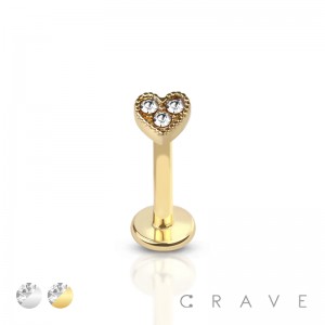 INTERNALLY THREADED CZ SET HEART TOP 316L SURGICAL STEEL LABRET STUD