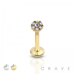 INTERNALLY THREADED 316L SURGICAL STEEL LABRET STUD W/ PRONG SET CZ CENTERED GEM PAVED OUTTER CIRCLE