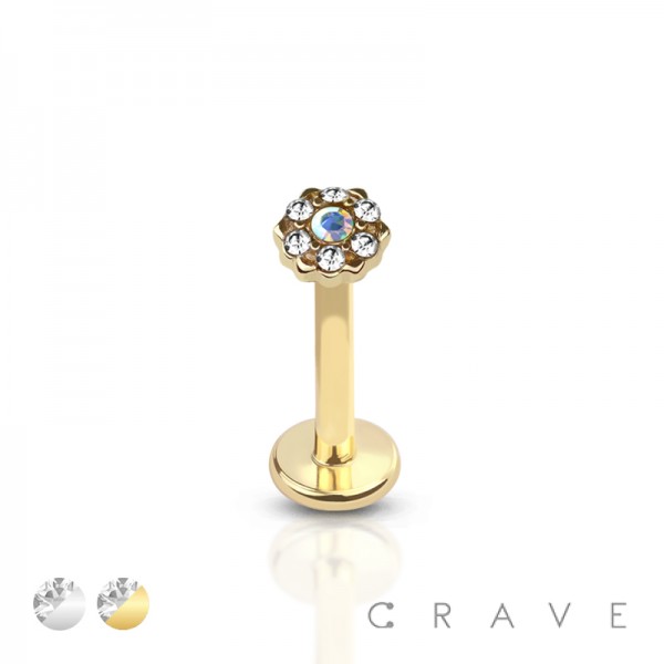 INTERNALLY THREADED 316L SURGICAL STEEL LABRET STUD W/ PRONG SET CZ CENTERED GEM PAVED OUTTER CIRCLE