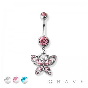 GEM PAVED BUTTERFLY DANGLE 316L SURGICAL STEEL NAVEL RING
