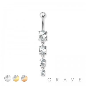 PRONG SET FOUR OVAL GEM CASCADE DANGLE CZ 316L SURGICAL STEEL NAVEL RING