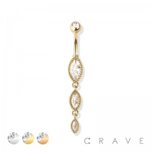 PRONG SET TRIPLE MARQUISE GEM CASCADE DANGLE CZ 316L SURGICAL STEEL NAVEL RING