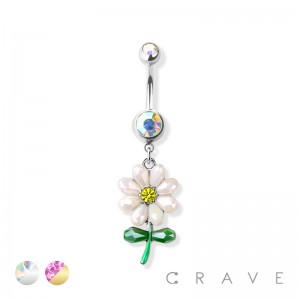 FLOWER CZ DANGLE 316L SURGICAL STEEL NAVEL RING
