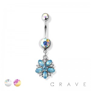 FLOWER OPAL CZ DANGLE 316L SURGICAL STEEL NAVEL RING