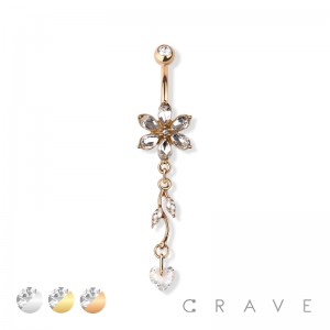 FLOWER VINE DANGLE CZ DANGLE 316L SURGICAL STEEL NAVEL RING