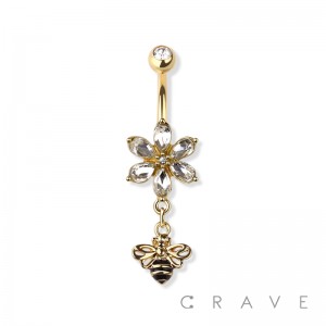 QUEEN BEE DANGLE FLOWER CZ DANGLE 316L SURGICAL STEEL NAVEL RING