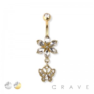 BUTTERFLY DANGLE FLOWER CZ DANGLE 316L SURGICAL STEEL NAVEL RING