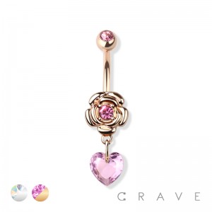ROSE HEART STONE CZ DANGLE 316L SURGICAL STEEL NAVEL RING