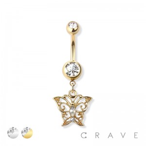 GEM PAVED BUTTERFLY DANGLE 316L SURGICAL STEEL NAVEL RING