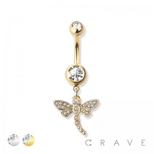 GEM PAVED DRAGONFLY DANGLE 316L SURGICAL STEEL NAVEL RING