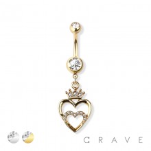 CROWNED DOUBLE HEART DANGLE 316L SURGICAL STEEL NAVEL RING