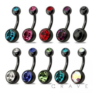 BLACK PVD PLATED OVER 316L SURGICAL STEEL BELLY WITH CLEAR GEM