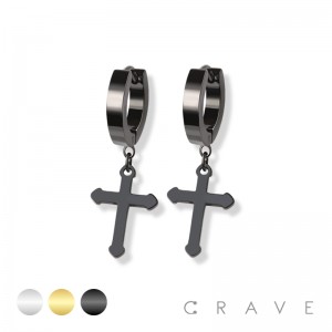 PAIR OF 316L STAINLESS STEEL HUGGIE/HOOP EARRINGS WITH CROSS DANGLE