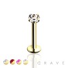 GOLD PVD PLATED OVER 316L SURGICAL STEEL INTERNALLY THREADED CZ PRONG SET LABRET/MONROE